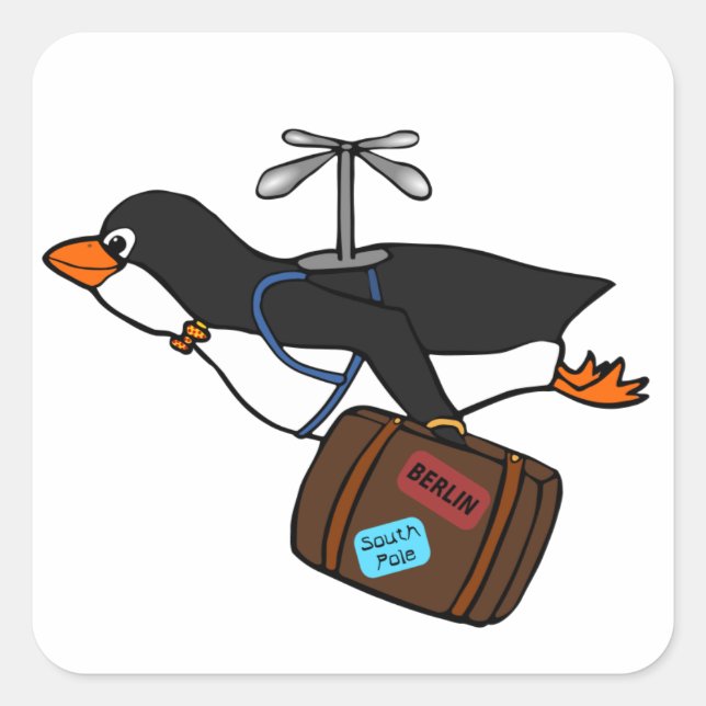 Travelling Flying Helicopter Penguin with Suitcase Square Sticker (Front)