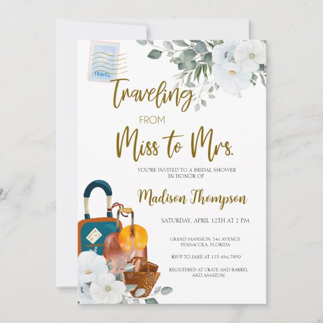 Travelling from Miss to Mrs. Bridal Shower Invitation (Front)