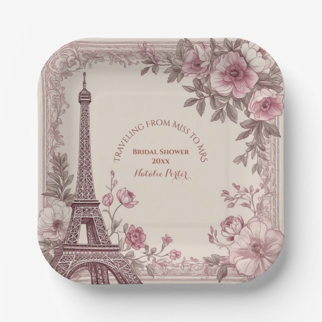 Travelling from Miss to Mrs Bridal Shower Paris  Paper Plate (Front)