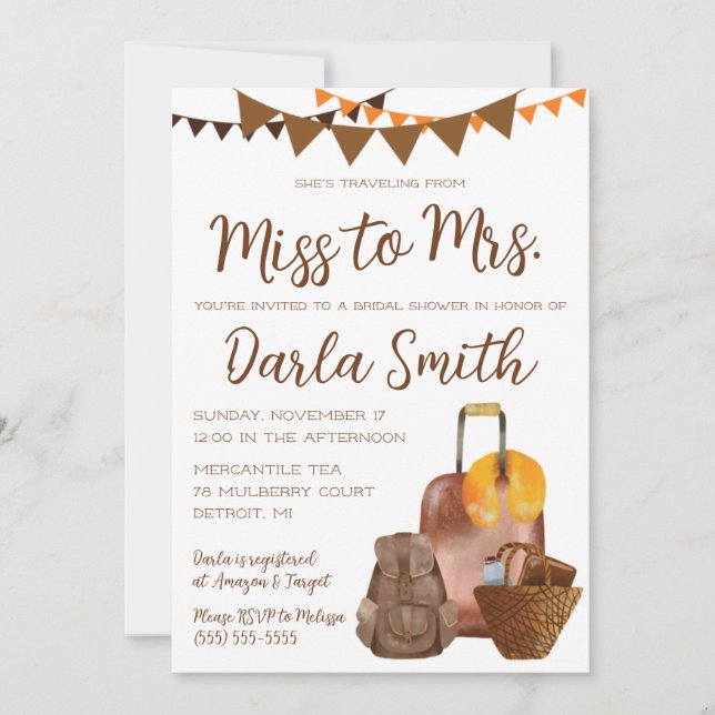 Travelling from Miss to Mrs. Luggage Bridal Shower Invitation (Front)