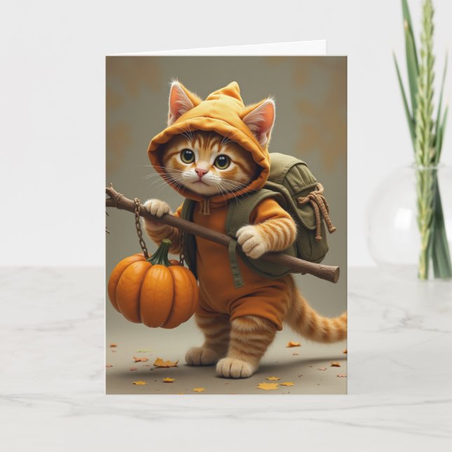 Travelling hobo kitty with pumpkin card (Front)