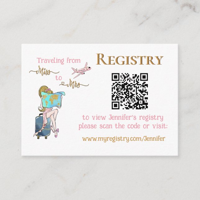 Travelling Miss to Mrs Bridal Shower Registry QR Enclosure Card (Front)