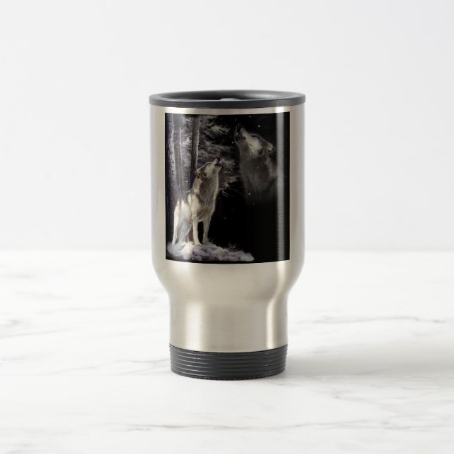 Travelling mug with howling wolf scene (Center)