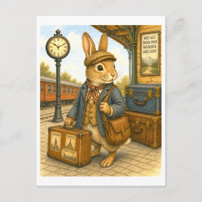 Travelling Rabbit Illustration Postcard (Front)