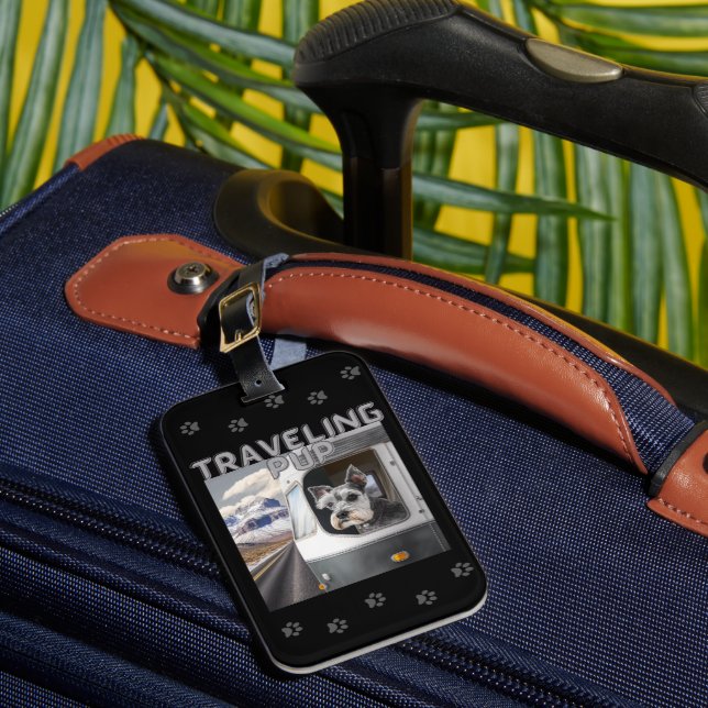 Travelling Schnauzer Pup Black Luggage Tag (Front Insitu 1)