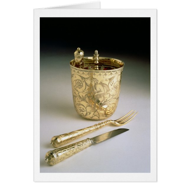 Travelling set of a knife, fork, spoon and beaker, (Front)