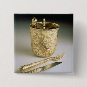 Travelling set of a knife, fork, spoon and beaker, 15 cm square badge