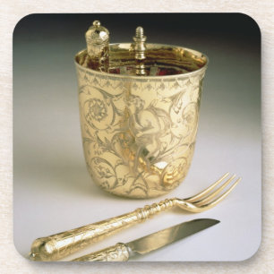 Travelling set of a knife, fork, spoon and beaker, coaster