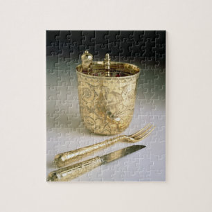 Travelling set of a knife, fork, spoon and beaker, jigsaw puzzle