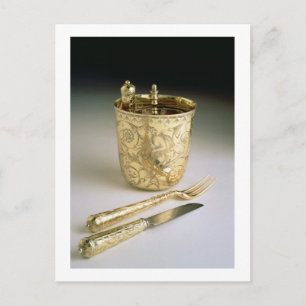Travelling set of a knife, fork, spoon and beaker, postcard