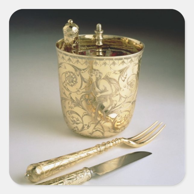 Travelling set of a knife, fork, spoon and beaker, square sticker (Front)