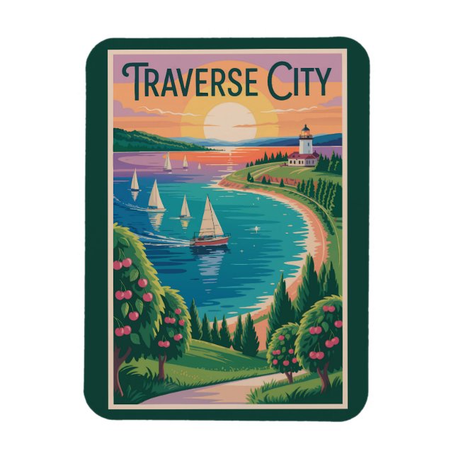 Traverse City Lake Michigan Illustration Travel Magnet (Vertical)