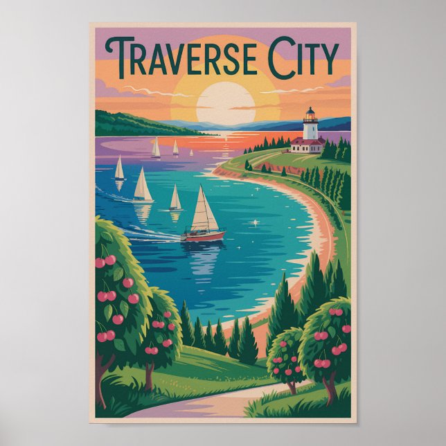 Traverse City Lake Michigan Illustration Travel Poster (Front)