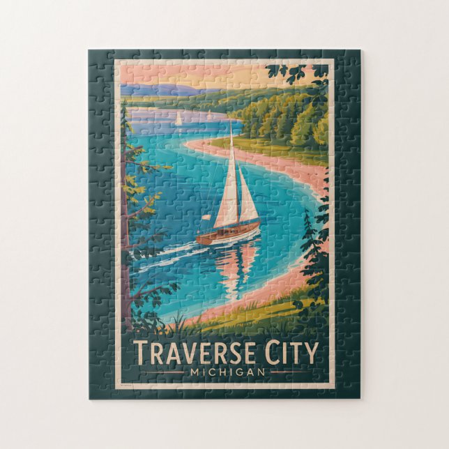 Traverse City Michigan Illustration Travel Art  Jigsaw Puzzle (Vertical)