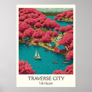 Traverse City Michigan Vintage Cherry Blossom Art Poster