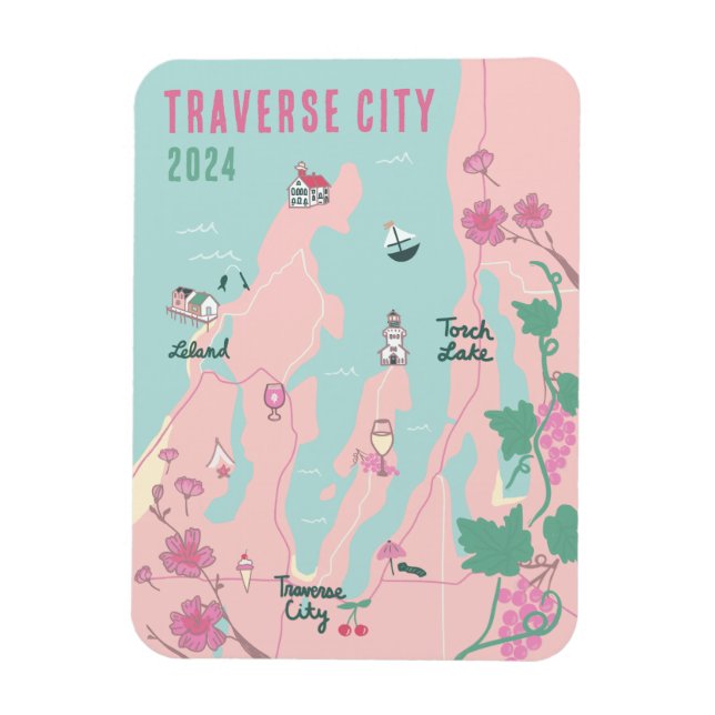 Traverse City Michigan Wine and Cherry Map Magnet (Vertical)