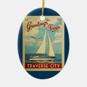 Traverse City Sailboat Vintage Travel Michigan Ceramic Tree Decoration