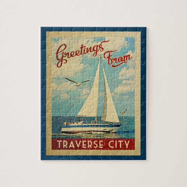 Traverse City Sailboat Vintage Travel Michigan Jigsaw Puzzle (Vertical)