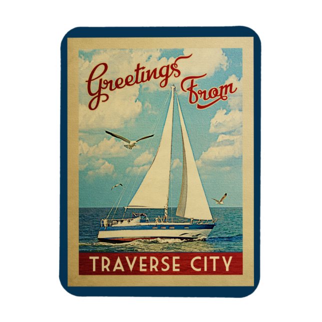 Traverse City Sailboat Vintage Travel Michigan Magnet (Vertical)