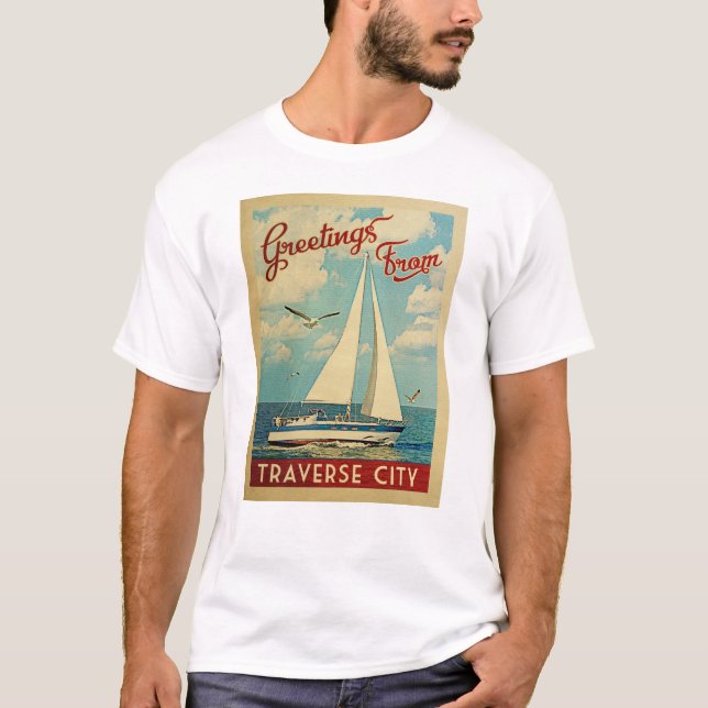 Traverse City Sailboat Vintage Travel Michigan T-Shirt (Front)