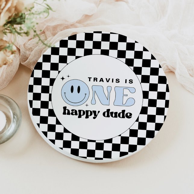 TRAVIS Blue One Happy Dude Smile Face Birthday Paper Plate (Creator Uploaded)