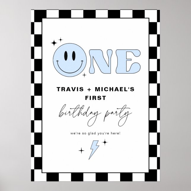 TRAVIS Blue Smile Face Two Boy Birthday Welcome Poster (Front)