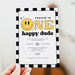 TRAVIS One Happy Dude Smile Face First Birthday Invitation