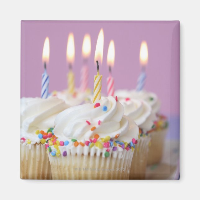 Tray of birthday cupcakes with candles magnet (Front)