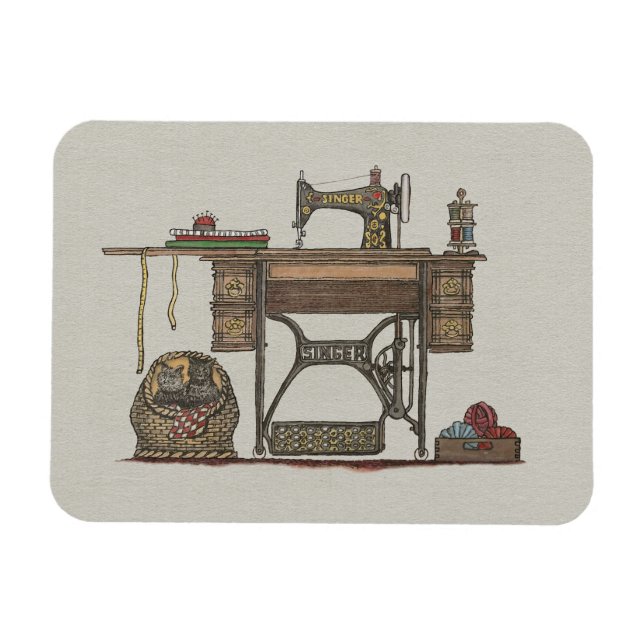 Treadle Sewing Machine & Kittens Magnet (Horizontal)
