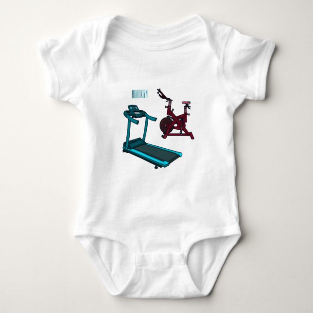 Treadmill & spinning bike cartoon illustration baby bodysuit (Front)