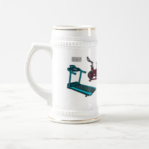 Treadmill & spinning bike cartoon illustration beer stein