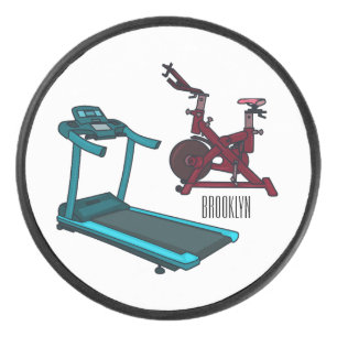 Treadmill & spinning bike cartoon illustration hockey puck