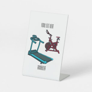 Treadmill & spinning bike cartoon illustration pedestal sign