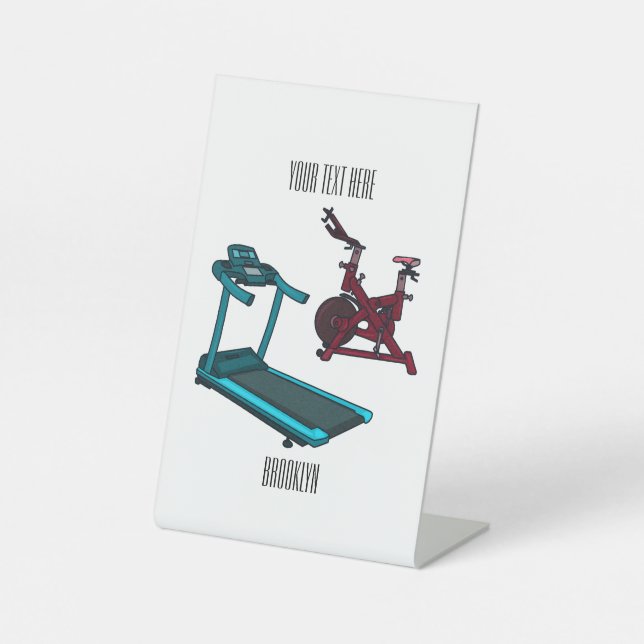 Treadmill & spinning bike cartoon illustration pedestal sign (Front)