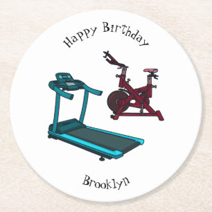 Treadmill & spinning bike cartoon illustration round paper coaster