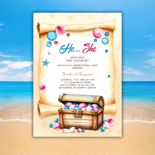 Treasure Chest Beach Themed Gender Reveal Party Invitation (Treasure Chest Beach Themed Gender Reveal Party Invitation)