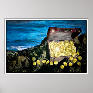 Treasure Chest of Gold on the Rocks Poster