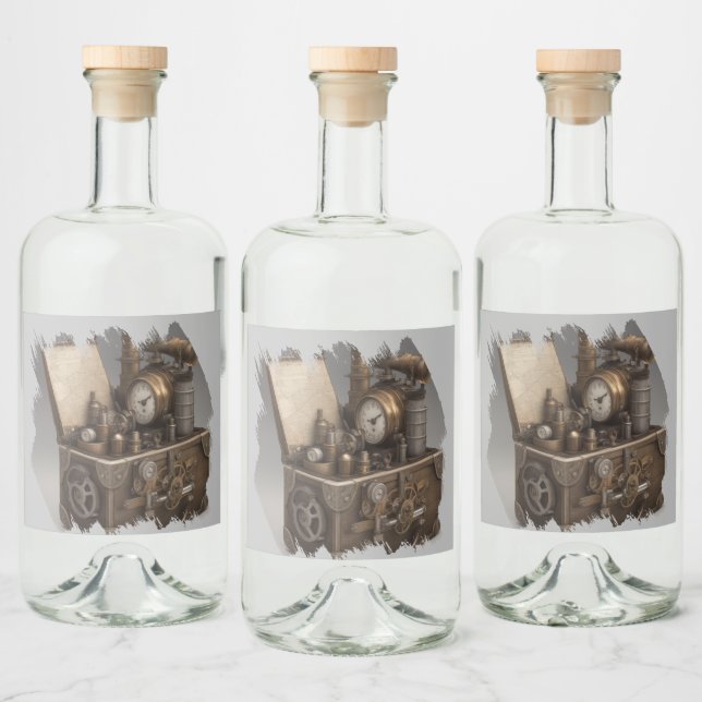 Treasure chest with gears liquor bottle label (Bottles)