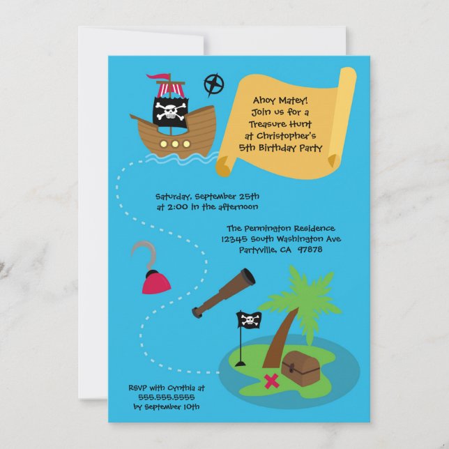 Treasure hunt pirate birthday party invitation (Front)