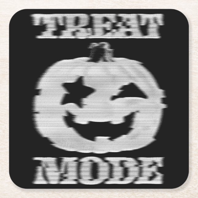 Treat Mode Glitchy Pumpkin Square Paper Coaster (Front)