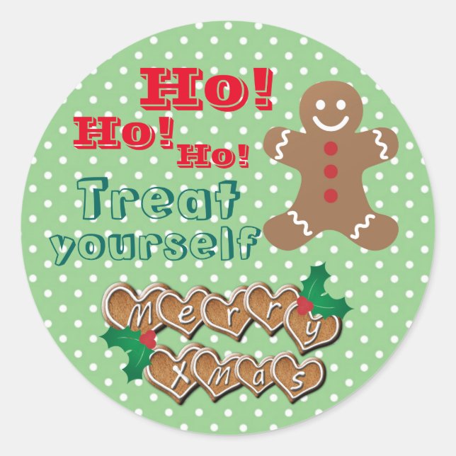 "Treat Yourself" Christmas Gingerbread and Dots Classic Round Sticker (Front)