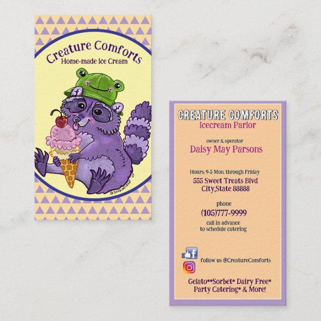 Treat Yourself, Purple Raccoon with Icecream Business Card (Front/Back)