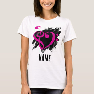 Treble and Bass Clef Heart Fuchsia Customisable T-Shirt