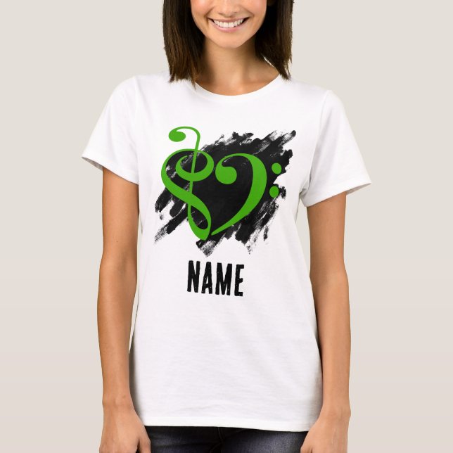 Treble and Bass Clef Heart Green Customisable T-Shirt (Front)
