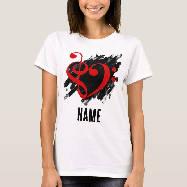 Treble and Bass Clef Heart Red Customisable T-Shirt (Front)