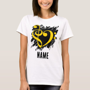 Treble and Bass Clef Heart Yellow Customisable T-Shirt