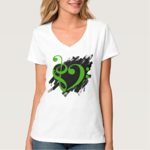 Treble and Bass Clef Musical Heart Green T-Shirt