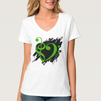 Treble and Bass Clef Musical Heart Green T-Shirt