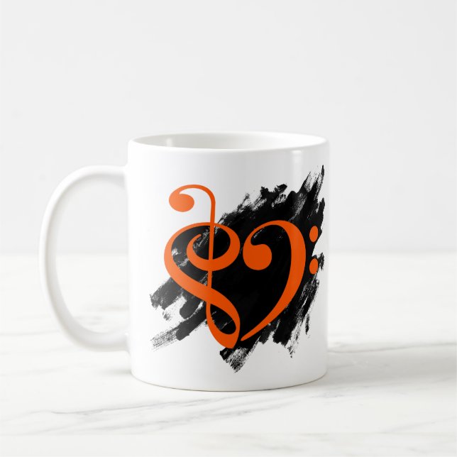 Treble and Bass Clef Musical Heart Orange Coffee Mug (Left)