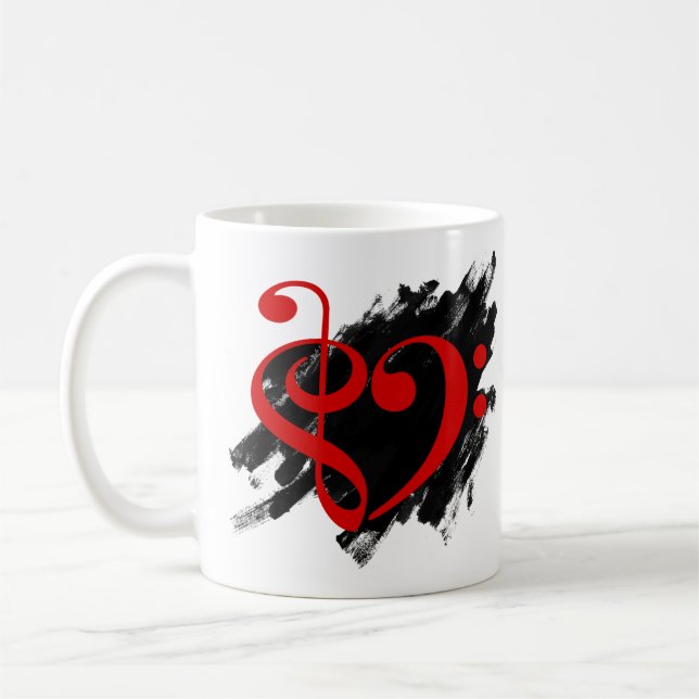 Treble and Bass Clef Musical Heart Red Coffee Mug (Left)